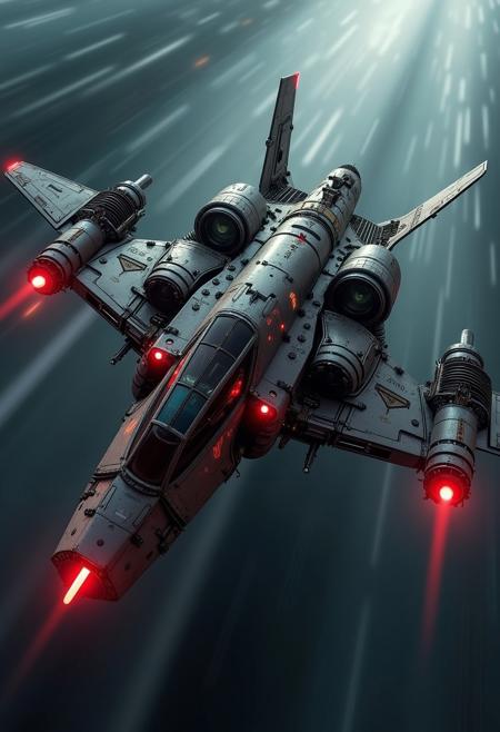 A digital artwork in the style of cknc, armored futuristic fighter plane, adorned with intricate, metallic details, including bolts, wires, and mechanical components, giving it a highly advanced, industrial look, with glowing red diodes and LEDs, travelling at speed through a dark stormy sky, background, viewed diagonally from the front, motion blur, directional lighting