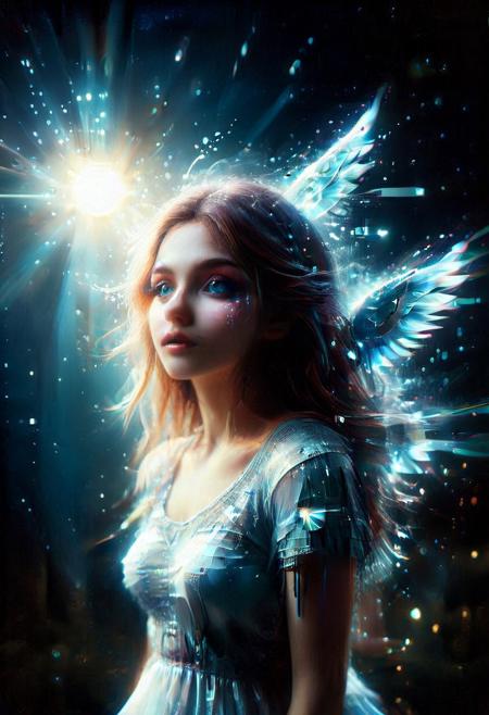 glitch style, a pretty spirit made of cd's at night, glowing wings, detailed ethereal face, flying in front of the moon, hdr, (negativeXL_D, glitch, flickering, digital, glitch style,  made of cd's, fntsylghtshwCE_style)