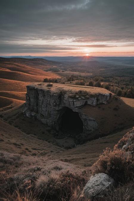 raw photo, a sunset landscape, oregon mountains, forested cliffs, cozy, photorealistic, cave, high detailed texture, 8k uhd, dslr, soft lighting, high quality, film grain, Fujifilm XT3, Sony A7 IV, highly detailed photography, (muted colors, cinematic, dim colors, soothing tones:1.2), vibrant, insanely detailed, hyperdetailed, (dark shot:1.2), (vsco:0.3), (intricate details:0.9), (hdr, hyperdetailed:1.2) (highest coherency: 1.39) (highest quality: 1.39) (rule-of-thirds) (award-winning) (masterclass) (highest resolution: 1.39)