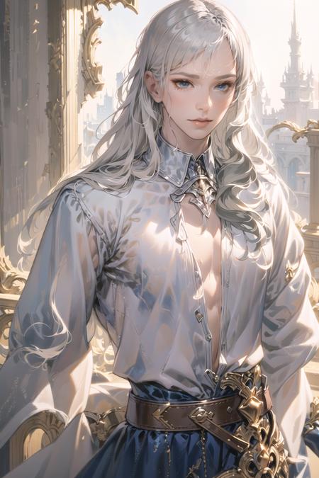 griffith,1boy,solo,<(masterpiece, realistic:1.3)>, <(wearing dress:1.3), <(ultramarine dress:1.3), Baroque, Rococo,(loose dress:1.3), suspender skirt, Organza,long dress >,curly hair,  Bare back, bare thighs, bare arms, mature male, A bulging crotch,muscular,cleavage,Modern art illustration,CG ,8k,In heaven garden, Silver belt,