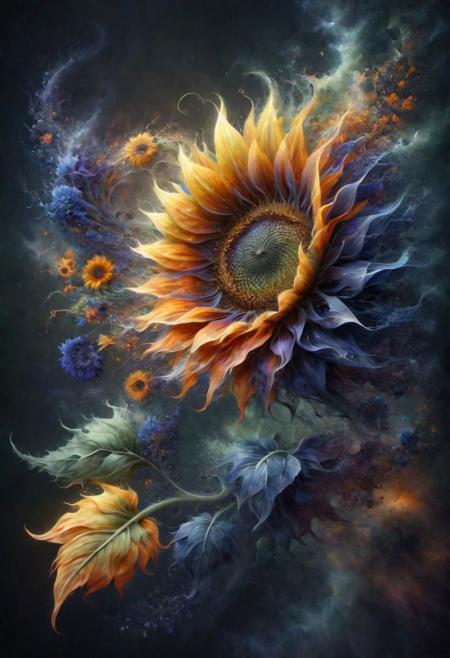 [Red, orange, yellow, green, blue, indigo, violet] sunflower_painting, [realistic_floral_elements:0.65],(composition{[fractal_landscape_with_floral_elements] [organic_flow_of_spirals_and_swirls:1.25]}),(lighting{[soft_ambient_lighting_enhancing_fractal_details]}),(style{[intricate_details] [vibrant_color_palette]}),(mood{[harmony_of_nature_and_geometry] [serene_and_dynamic_atmosphere]}),(quality{[high-resolution_detailed_fractal_patterns] [realistic_floral_elements] [smooth_transition_of_cloud_waves]}) hyperdetailed Northern Lights background