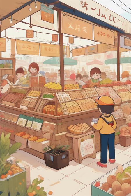 A food market with many products,people queuing up for food to come out, hand drawn style, children's illustrations, flat illustrations, masterpiece, best quality,