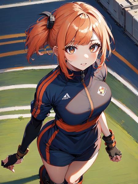 1girl, solo,  peach hair, very short hair,  multi-tied hair,  bangs,  sporty kunoichi glove boots,  dieselpunk athletic fields evening,  from above