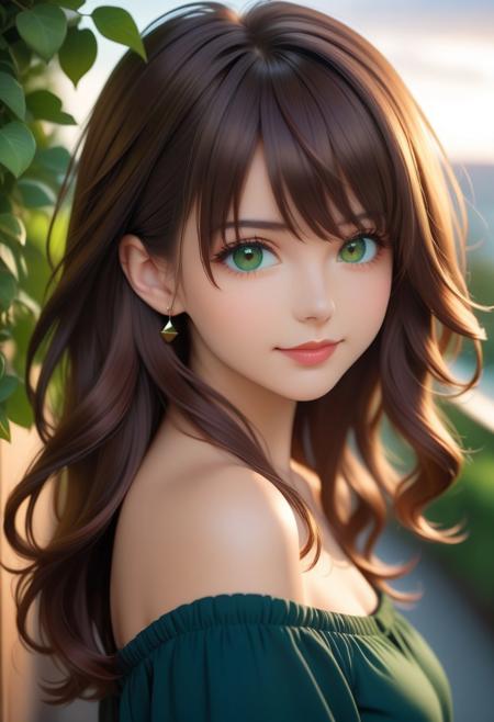 The image is a portrait of a young woman with long, straight brown hair. She is looking directly at the camera with a serious expression on her face. Her hair is styled in loose curls that frame her face and falls over her shoulders. She has a slight smile on her lips and is wearing a navy blue off-the-shoulder top. The background is blurred, but it appears to be a cloudy sky with a hint of greenery. The overall mood of the image is calm and serene.
natalia_kyou, brown_hair, green_eyes