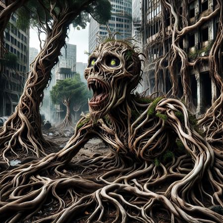 score_9, score_8_up, score_7_up, masterpiece, best quality, good quality, highly detailed, absurdres, very aesthetic, intricate details, detailed eyes, detailed background, cinematic view of a skeletal zombie made of tree roots reaching towards the viewer with mouth open wide in a roar, morph-treeroots, destroyed city background, full body shot, tree roots for bones