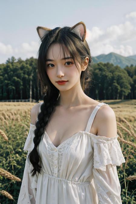 young 1girl with braided hair and fluffy cat ears, dressed in Off-Shoulder Sundress, standing in a rustic farm setting. She has a soft, gentle smile, expressive eyes and sexy cleavage. The background features a charming barn, fields of golden wheat, and a clear blue sky. The composition should be bathed in the warm, golden hour light, with a gentle depth of field and soft bokeh to accentuate the pastoral serenity. Capture the image as if it were taken on an old-school 35mm film for added charm, looking at viewer, <lora:Velvia1:0.6>