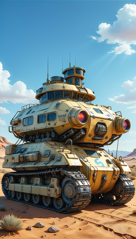 (cel-shading:2)+, (in ARTIST style:1.6), (masterpiece:1.7),  glow blue neon, hyperrealism, glossy, shinny, clear image, accurate picture, clear picture, precise image, focused image, Science fiction style, Science fiction, (cozy comfy, military vehicle, military, ground vehicle, motor vehicle, no humans,  sky, vehicle focus, cloud, day, caterpillar tracks, outdoors, flag, cannon, desert, turret, Tracked Vehicle, Traction City, pale yellow paint)
comic style, (ultra sharp focus:2), (thin lines:2), (best quality:1.8),
(masterpiece:1.8), (highest detailed:1.8), perfectly lighted, (contrast), (saturated), (((sharp focus))),
(hyperdetailed:1.3), (intricate details:1.2), (Refined details:1.3), (best quality:1.5), highly detailed textures, vibrant colors,
(ultra sharp focus:1.8), (detailed texture:1.8), (detailed edges:1.8), (thin lines:1.8), (best quality:1.8),
<lora:Apparatus_-_Traction_City_Walkers_Vehicles:0.8>,