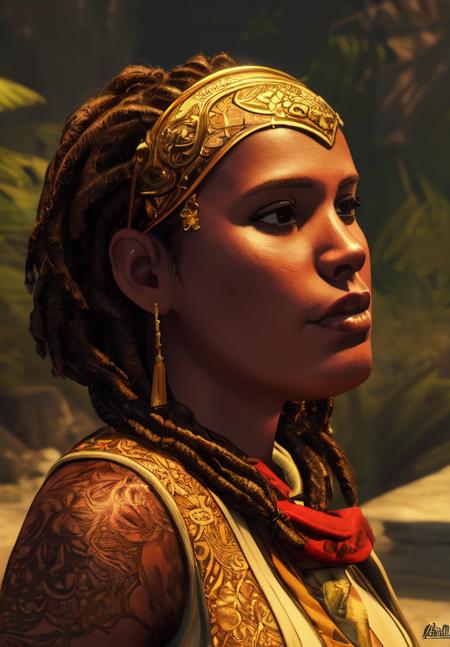 a woman, <lora:Redguard-Female:0.8>, Redguard-Female, 1girl, solo, portrait, dreadlocks,, (masterpiece, best quality, absurdres, detailed, ultra-detailed:1.3), gorgeous