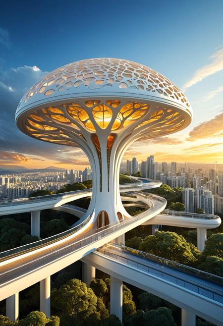A beautiful expressive painting.
This is a high-quality CGI image featuring a futuristic cityscape with a gigantic, ivory white, organic tree-like structure at its center. The tree has a smooth, organic shape with multiple branches and glowing, circular portals embedded in its trunk. Surrounding the tree is a modern city with sleek, curved buildings and a network of elevated walkways. The sky is filled with dramatic, golden clouds illuminated by the setting sun, casting a warm, ethereal glow over the scene. The camera angle is slightly elevated, providing a comprehensive view of the city's layout and the unique tree structure. The overall aesthetic quality of the image is very high, with meticulous attention to detail and a harmonious blend of natural and futuristic elements.