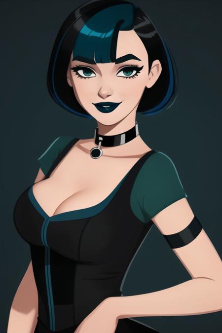 <lora:gwen_(total_drama)v2:0.8>, gwen(total drama), masterpiece, best quality, 1girl, solo, blue lips, looking at viewer, breasts, short hair, makeup, black eyes, collar, upper body, arms behind back, choker, smile, bangs, blue hair, collarbone, lipstick, black lips, dress, black choker, cleavage, black collar green hair,