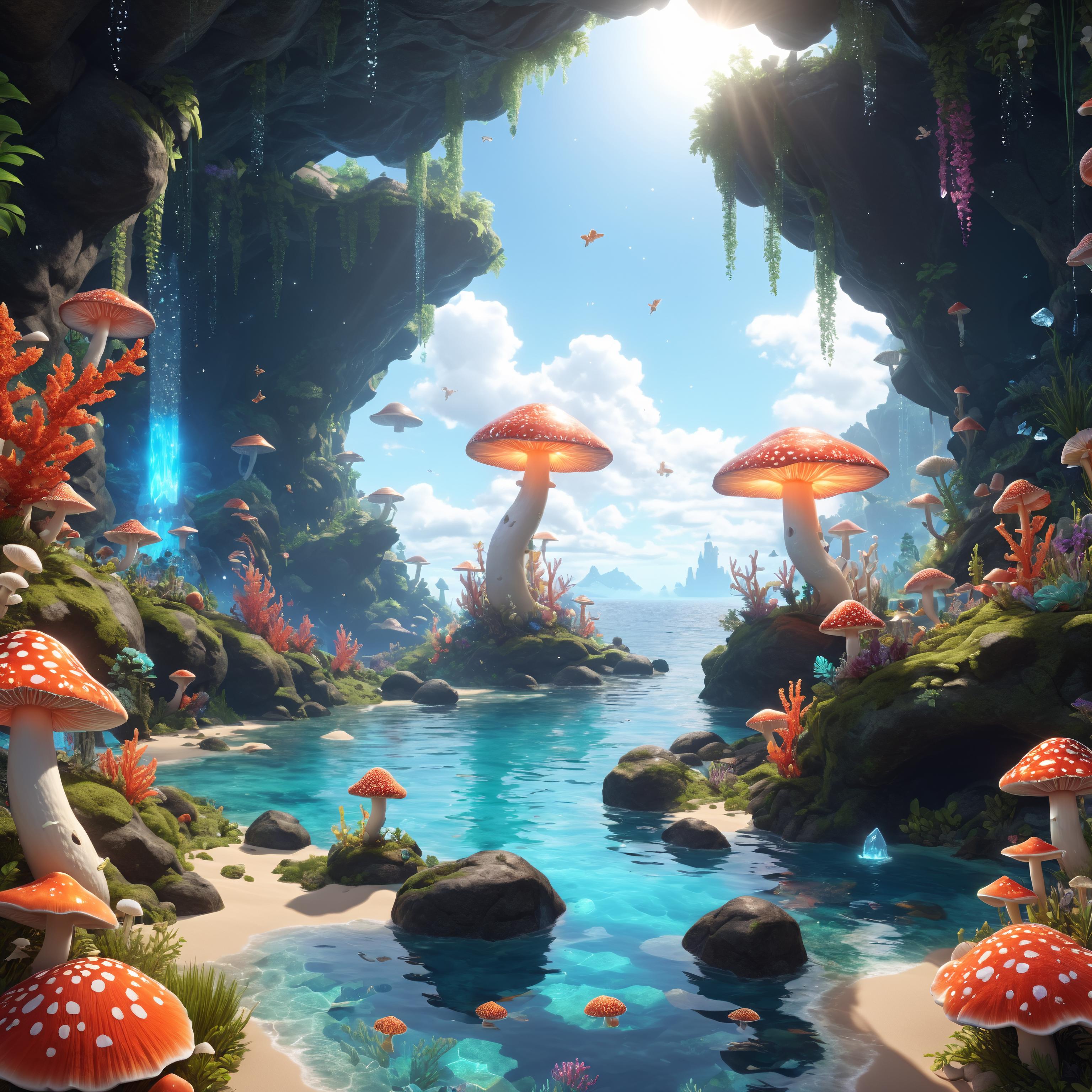 A beautiful, colorful and magical scene of a forest with a crystal blue river flowing through it, surrounded by mushrooms and other plants. The scene is bathed in sunlight, creating a vibrant and enchanting atmosphere.