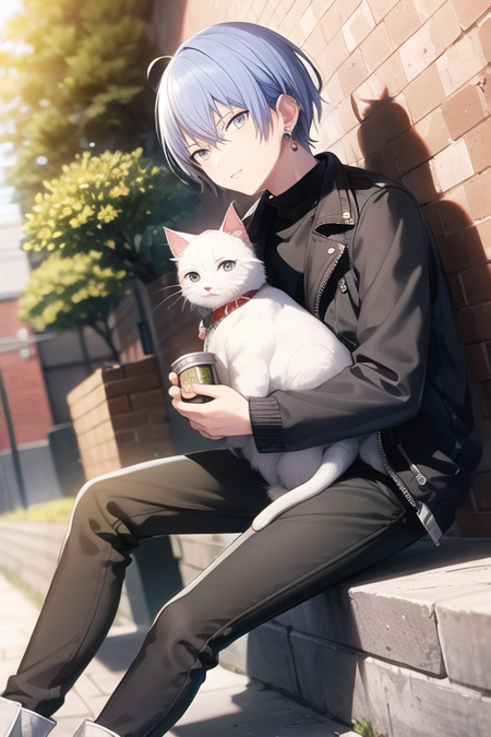 <lora:Toya-04:0.7> ,aotoya, solo, looking at viewer, short hair, long sleeves, 1boy, holding, jewelry, sitting, jacket, white hair, male focus, earrings, boots, outdoors, pants, black jacket, grey eyes, dutch angle, animal, cat, white footwear, fence, can, brick wall, holding can, animal on lap