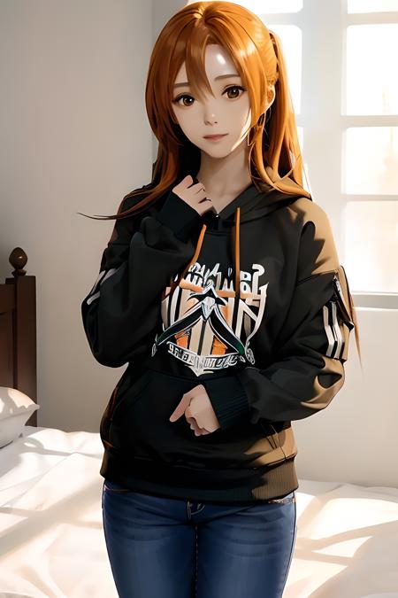 ((masterpiece)), ((best quality)), (slender_body:1.1), (wide_hips:1.2), (narrow_waist:1.2),
Asuna Yuuki, 1girl, long hair, orange hair, long hair, realistic, ultra realistic, hyper realistic, real life, highly detailed, focused,
Hoodie, Jacket, black hoodie, casual hoodiefull pants, Full dress, full sleeve, cute face, close up, focused on face, portraits, blurred background, detailed hair, indoor, window, bed, light, soft light, shadows, detailed shadows
<lora:Asuna Yuuki 2:0.5>   <lora:HoodiesLoRA:1>