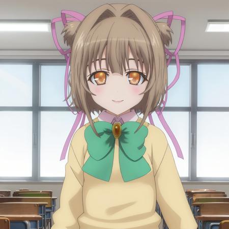 <lora:mimina_ousawa_v1:0.8> mimina_ousawa, school uniform, long sleeves,  classroom, flat chest, (hair ribbon:0.6), facing viewer, upper body, smile, masterpiece, best quality