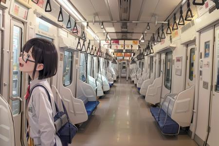 best quality, ultra-detailed, illustration,
e233, train interior, scenery, seat, vanishing point, poster (object), sunlight, 
multiple girls, school uniform, black hair, glasses, school bag, smile, laughing, face focus,
 <lora:E233_SD15_V3_DIM4:1>