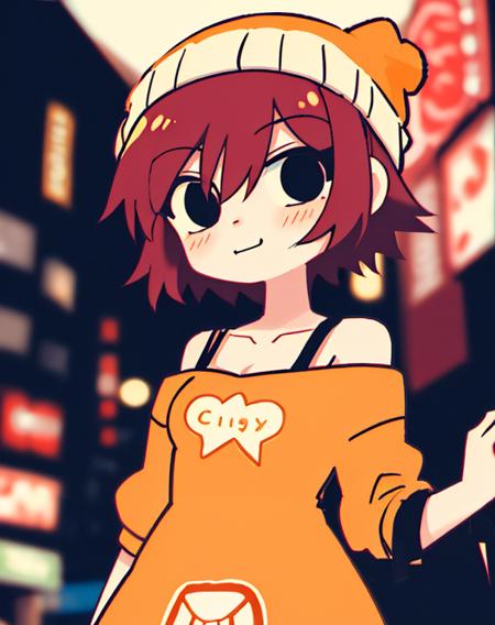 <lora:SakuraVRC:0.6> SakuraVRC, 1girl, solo, short hair, red hair, black eyes, hair between eyes, blush, dress, baggy clothes, off shoulder, collarbone, pantyhose, city lights, neon lights, tokyo, cowboy shot, smug, handbag, <lora:scottpilgrimvstheworld_v5_BryanLeeOMalley_Mix_3_7:1> scottpilgrimvstheworld, black eyes, blomalley, blurry background, orange theme, bloom, bra strap, chibi, beanie, <lora:add_detail:-0.5> <lora:ChromaticAberration:0.3>, (masterpiece, best quality:1.3),