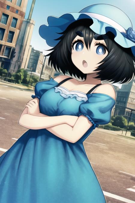 best quality, masterpiece, hukestyle, okaberintarou, blue dress, blue eyes, hat, :o, city, black hair, thick eyebrows, solo, hair between eyes