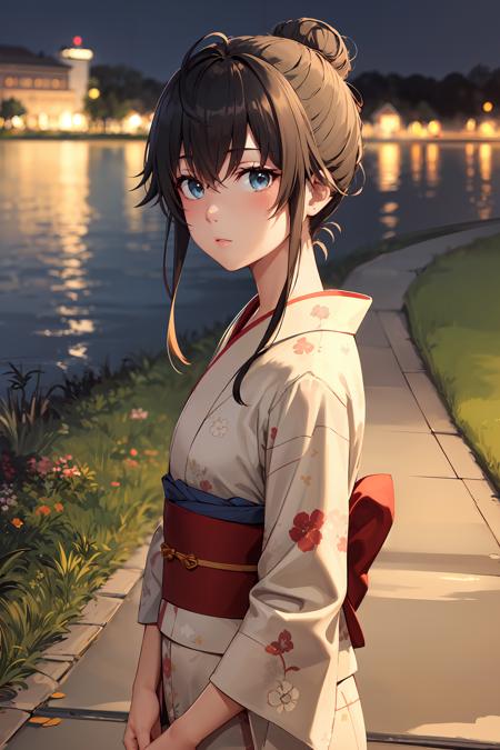 masterpiece, best quality, cowboy shot, looking at viewer, expressionless, yukino yukinoshita, hair bun, kimono, outdoors, night, path, grass, lake, skyline, <lora:yukino_yukinoshita_v2:1>