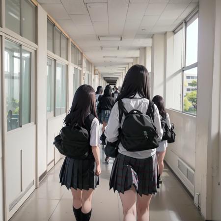 best quality, ultra-detailed, illustration,
rouka, school, multiple girls, school uniform, skirt, window, hallway, indoors, black hair, 2girls, scenery, from behind, multiple boys, tree, vest, plaid, sunlight, sweater vest, plaid skirt, 3girls, 1boy, realistic, photo background, photo (medium), photorealistic
 <lora:rouka_school_SD15_V4:1>