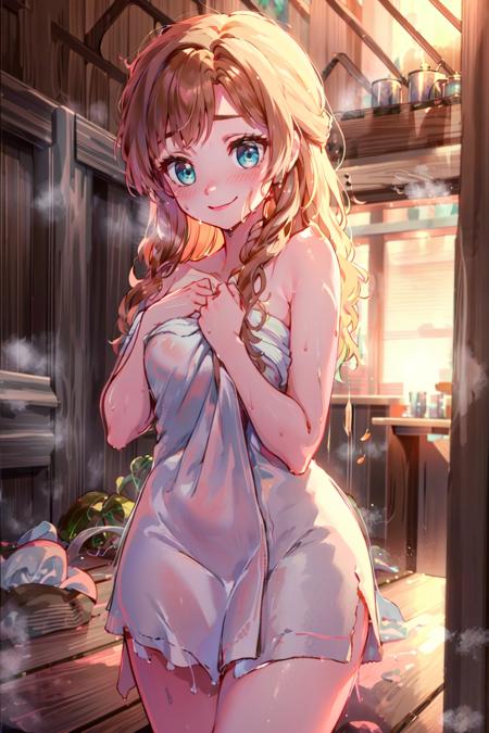 (masterpiece:1.4), (best qualit:1.4), (high resolution:1.4), anna of arendelle, long hair, light smile, blush, sweat, steam,  <lora:anna_of_arendelle_v2:1>, aftershower, wrapped in a towel, sauna <lora:clothing_AfterShower_v1.1:0.8>