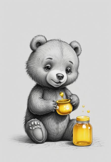 Score_9, Score_8_up, Score_7_up, Score_6_up, Score_5_up, Score_4_up, Cute Cartoon Character, 1 extremely cute little bear is sitting, looking down to 1 yellow honey pot , white background, Black Pencil Drawing, Black and White Drawing, Graphite Drawing, ,ral-dissolve, realistic, highly detailed, extremely detailed, masterpiece, award winning
