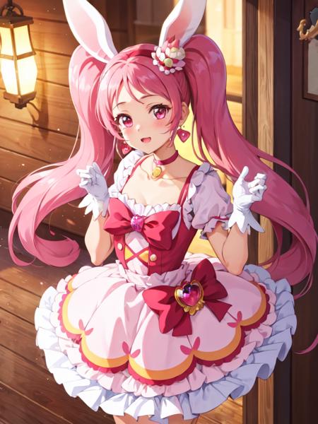 cure whip twintails, pink dress, hair ornament, white gloves, pom pom earrings, pink choker, red boots