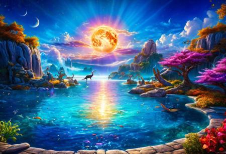 Ultra realistic, fantastical realm, digital painting; irridescent waters, magical creatures, living sky, representing love and joy, protect us all, filled with light, the sun and the moon embracing,  colorful, vivid colors, sharp lines, smooth shading, (sharp:1.2), (detailed:1.2), (HD:1.2), (HDR:1.2), (8K:1.2), (best quality:1.2), (best resolution:1.2), maximalist, (masterpiece:1.2),