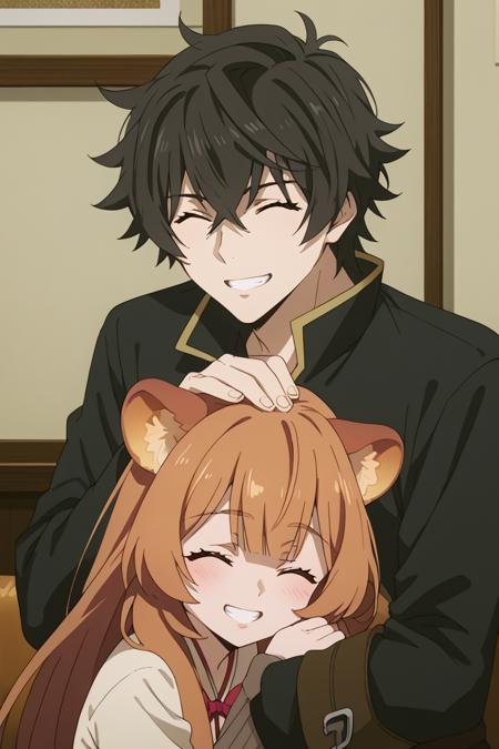 NaofumiSH green_Naofumi_eyes, black_Naofumi_hair, raphtalia brown_Raphtalia_hair, brown-yellow_Raphtalia_raccoon ears, pinkish-red_Raphtalia_eyes,