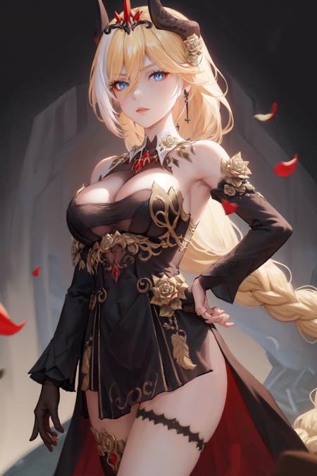 masterpiece, best quality, highres, 1girl blue eyes hair flower horns earrings braided ponytail tiara, black dress bare shoulders breasts cleavage black gloves long sleeves single thighhigh fur trim detached collar <lora:durandal_nibelungen_traumlied:1> simple background, petals, standing, hand on hip, looking at viewer