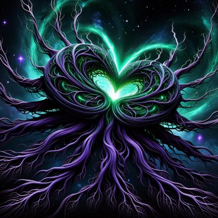 concept art .<lora:Treeroots_0_90_multi2_Handprocessed_V2:0.8> pg-tr, a monstrous entity formed from dark matter and starlight emerges from a rift in the cosmic veil. Its limbs are long branching roots made of interstellar dust and fractured constellationsâeach âjointâ is a cluster of stars, rotating slowly in synchrony. The beastâs body pulses with shifting colorsâdeep violet, obsidian, plasma greenâflowing like oil on water. Its chest opens to reveal a rotating galaxy, nested like a heart, pumping space-time through its veins. The creature swims through the void, dragging a trail of radiant roots that ensnare comets and absorb solar flares. A being of infinite age, wrapped in nebulae and encoded with ancient cosmic code. . digital artwork, illustrative, painterly, matte painting, highly detailed
