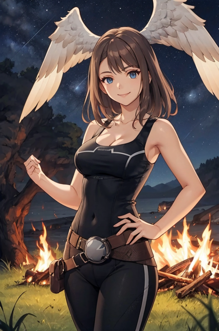 Eunie, head wings, brown hair hoodie, bodysuit, cleavage, open jacket tanktop, leggings, sleeveless bodysuit, cleavage cutout, long sleeves bikini, sarong, ornamental flower, medium hair