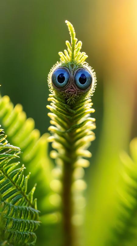 Velvety fern bud with eyes and tiny feet, unfurling fronds, macro view, straight, sunrise light.
