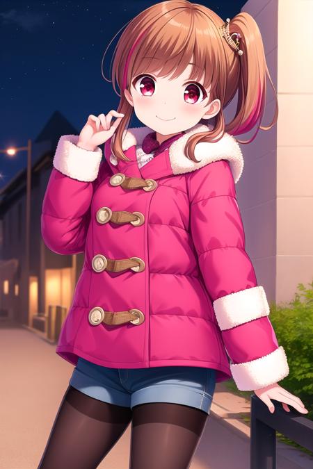 (masterpiece, best quality), highly detailed background, perfect lightingbest quality, amariakari, solo, outdoors, night, camp, brown hair, two-tone hair, red hair, mini crown, jewelry side ponytail, streaked hair, short hair, red eyes, fur trim, pink coat, buttons, <lora:GoodHands-vanilla:1>, denim shorts, blue shorts, black pantyhose, winter clothes, smile, closed mouth, :), pink lips, <lora:Amari-Akari:0.7>