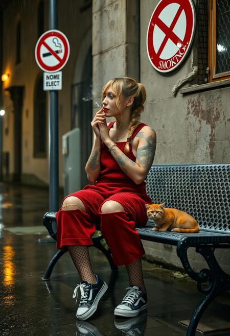 A  photograph of a goth supermodel in heavily worn red corduroy dungarees, sneakers, ripped fishnet stockings, tattoos, tattoo sleeve, braided blonde ponytail, in heavy rain with visible raindrops on her skin, sitting on a Perforated  metal bench next to a crumbling old building at night, soaking wet, wet hair, smoking, standing under a non-smoking sign with reflections of the wet ground stroking a stray ginger cat with matted fur