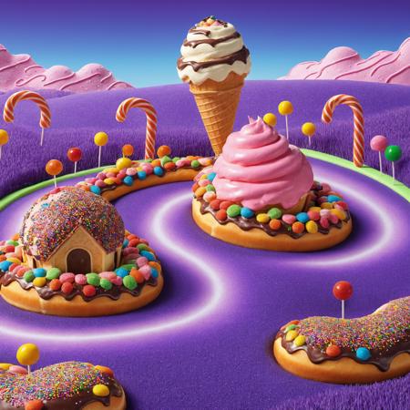 Highly detailed intricate masterpiece, 8k, colorful, rainbow, Full background, sweetscape, 3d, isometric view, black race track made with sugar colorful piping drizzle and glaze with intricate detailed road with piped track markings and a glitter finish, along the side of the track are oversized doughnuts , lollipop trees,  a house made of candy, a gradient sky above, a ice cream mountain in the background, purple grass<lora:SWEETSCAPE_XL:1>,