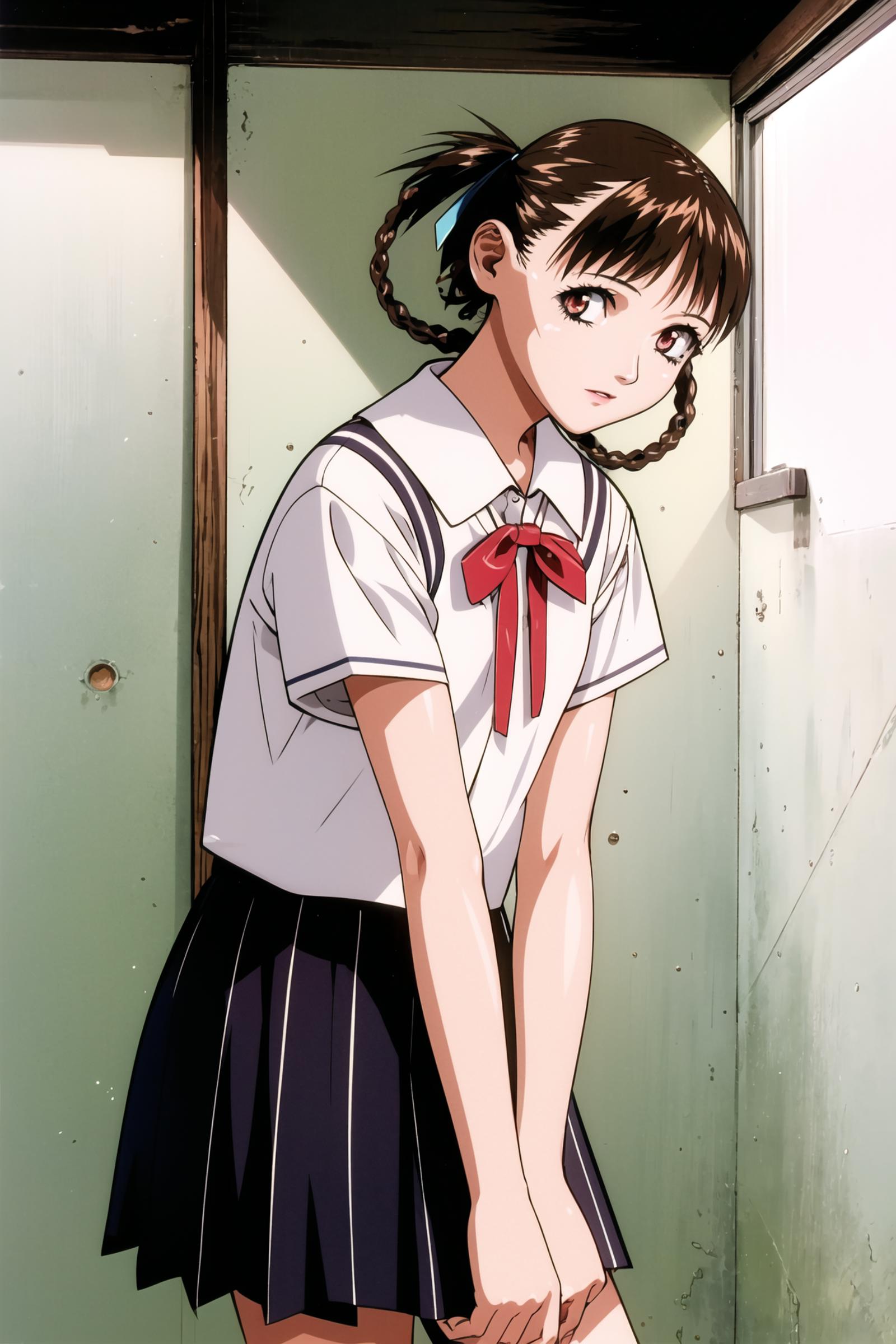A girl with a blue ribbon in her hair stands by a door.