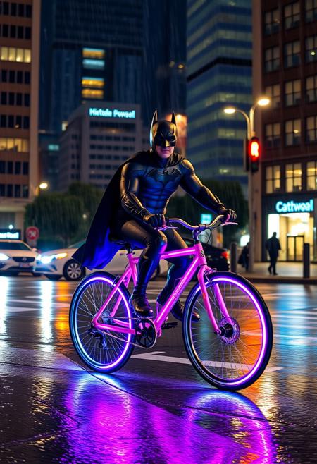 Batman riding a bicycle in the night in a City downtown, it is raining at night, Batman's bicycle is made out of a pink neon light, glowing,