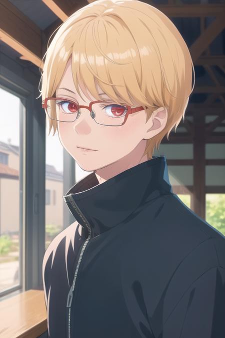 masterpiece, best quality, illustration, 1boy, solo, male focus, looking at viewer, upper body, depth of field, <lora:eita_sasaki:0.70>, eita_sasaki, glasses, blonde hair, red eyes, , , science fiction time travel,