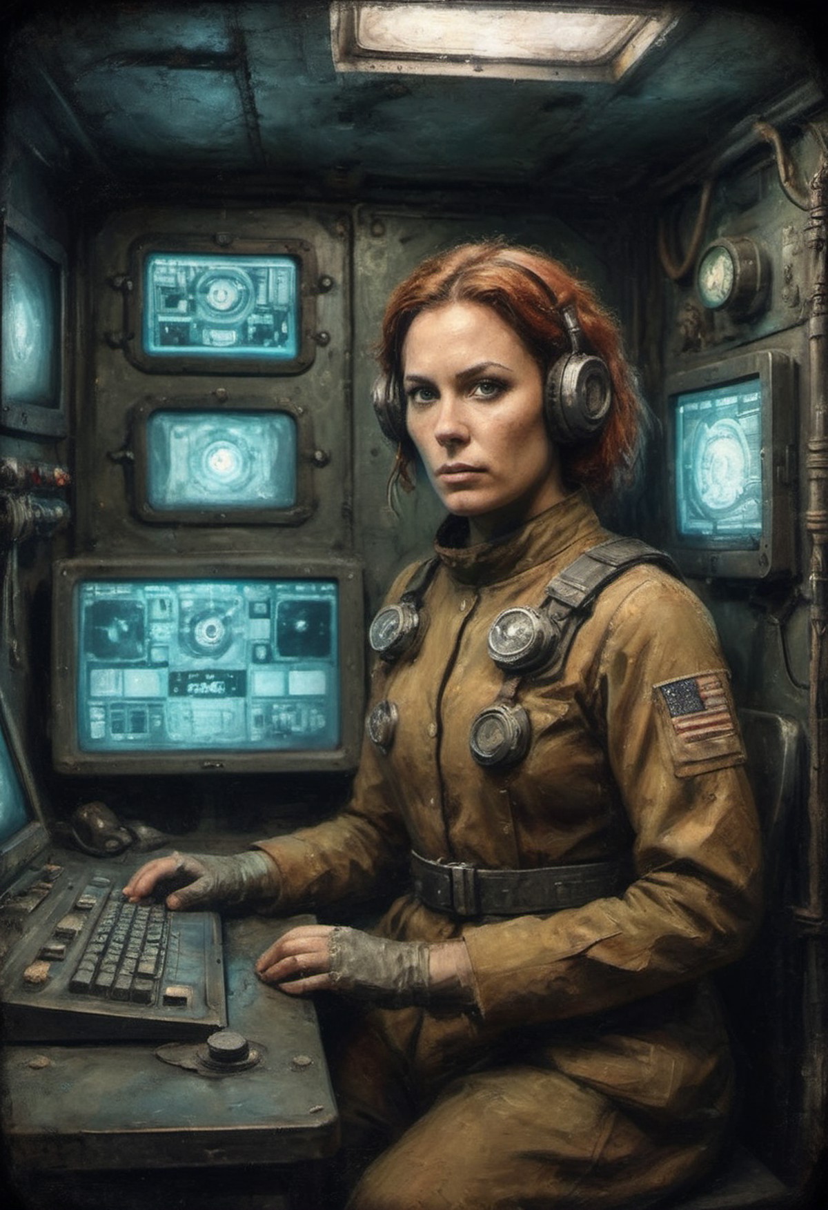gritty colorized tintype portrait of a sci-fi hero named Commander Bria Ursan in an underground bunker glowing monitors an...