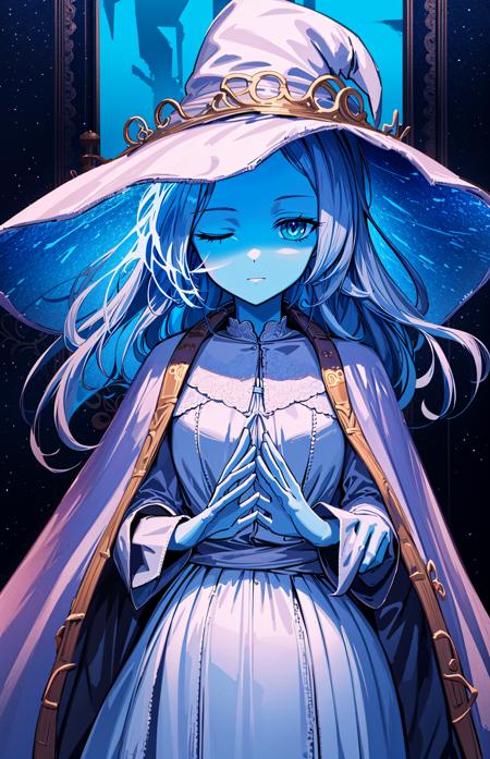 ranni the witch, one eye closed,  witch hat, dress, (extra arms:1.2), solo, ring, fur cloak, white dress, large hat, white headwear, blue lips <lora:ranni_v1-000008:0.8>masterpiece, best quality, ultra-detailed, city, street, gothic, steampunk, illustration, 1girl, (solo), platinum long hair, boots, from behind, vintage, antique, brass, metal, gears, machinery, ornate, elegant, classic, sophisticated, refined, poised, contemplative, thoughtful, curious, mysterious, enigmatic, magical, watchful, intelligent, bookish, contrast, perspective, depth, texture, detail, realism, impressionistic, expressionistic, abstract, surrealistic, innovative, experimental, unique, atmosphere, ambiance, mood, nostalgia, historical, cultural, technological, industrial, fantasy, imagination, creativity, artistry, craftsmanship, skill, precision, detail, composition, balance, harmony, rhythm, colorful, darker, reflection, refraction, foreground, middle ground, background, vanishing point, horizon line, focal point, naturalistic, figurative, representational,