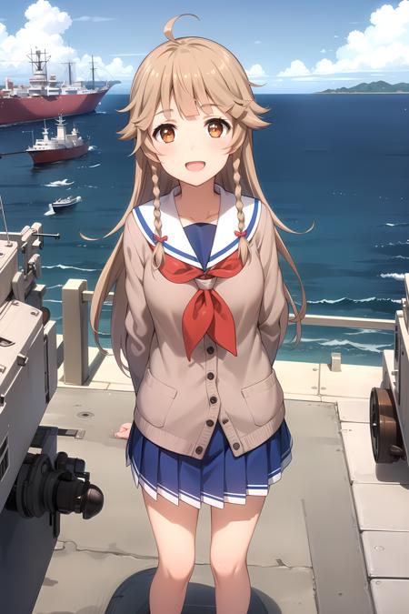 NosaKouko brown hair, brown eyes, long hair, twin braids serafuku, cardigan, sailor collar, blue skirt, red neckerchief, sailor hat