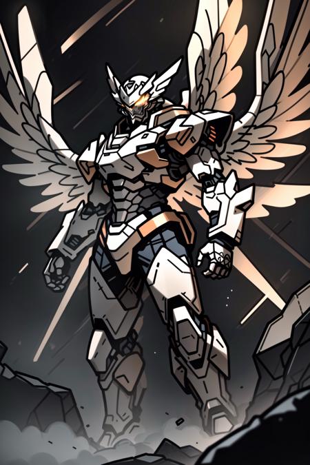 <lora:MinimalVectorMecha:1>, (masterpiece, best quality:1.3),extremely high detailed, intricate, 8k, HDR, wallpaper, cinematic lighting ,(universe), glowing, armor, glowing eyes, mecha, large wings, 