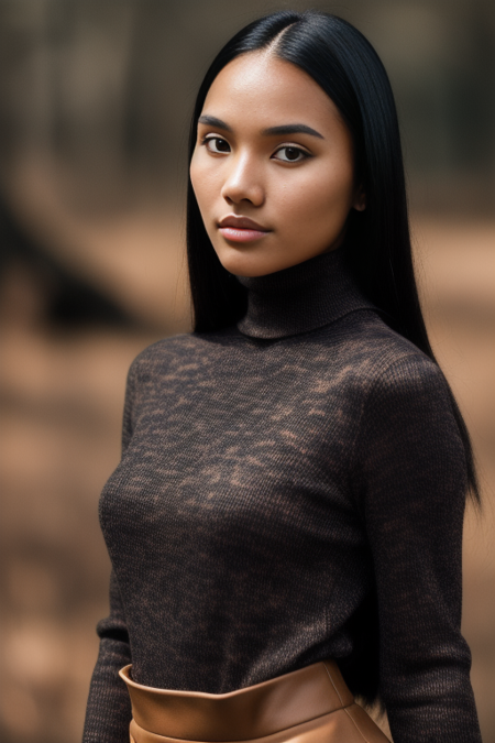 RAW photo, masterpiece, best quality, high quality, 85mm, F/5.8, insanely detailed and intricate, 1girl, brown eyes, black hair, (high detailed skin:1.2), turtleneck, detailed background, nature background, solo, 8k uhd, dslr, soft lighting, film grain, Fujifilm XT3 <lora:DeviLora:0.7>