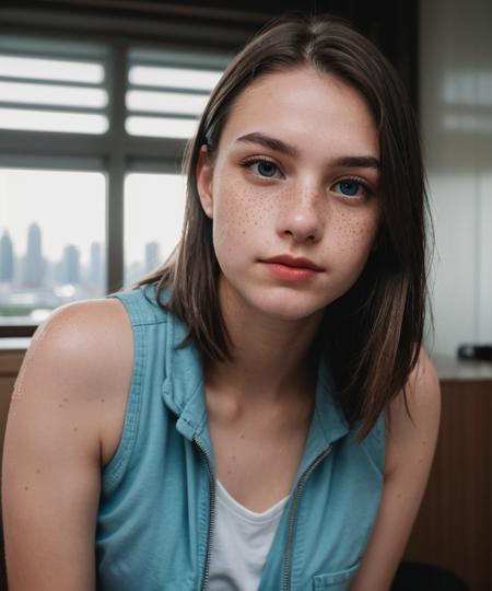RAW Photograph,lens flare,dslr,soft lighting,high quality,film grain,Fujifilm XT3,insane details,masterpiece,8k,35mm photograph,dslr,kodachrome,vignette,vintage,Kodachrome,Lomography,stained,highly detailed,found footage,a cute girl,(18 years old, young:1.1),freckles,innocent,pale,sweaty,detailed skins,(cropped vest:1.1),pouting,blue eyes,pink rouge,wet hair,neon lights,skyline,hazy,from below,
<lora:picxer_real:0.5>,