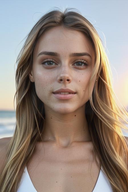 YuliyaLevchenko, (masterpiece, best quality, extremely detailed, perfect body, perfect face:1.2), long wavy blonde hair, naked, beautiful, sexy, serious look, beach, magic hour, sunset, ponytail, upper body, belly button