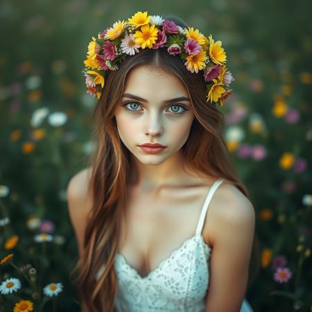 cinematic photo summers meadow, wild flowers
1girl, solo, wild flower crown, long hair, breasts, cleavage, lacy summer dress, thin dress straps, bright green eyes, button nose
bokeh, , score_9, score_8_up, score_7_up, hyperdetailed, hyperrealistic, masterpiece, best quality, (masterpiece:1.3),high-definition, intricate details, volumetric lighting, symmetrical face, level eyes, skin pores . Extremely high-resolution details, photographic, realism pushed to extreme, fine texture, incredibly lifelike . 35mm photograph, film, bokeh, professional, 4k, highly detailed