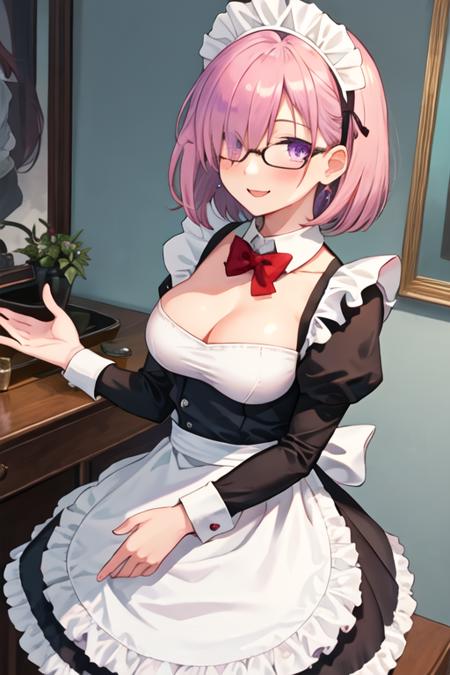 best quality, masterpiece, highres, solo, {maid:1.40}, {long maid dress:1.15}, {mash_kyrielight_fgo:1.15}, short_hair, purple_eyes, hair_over_one_eye, blush, breasts, pink_hair, bangs, smile, large_breasts