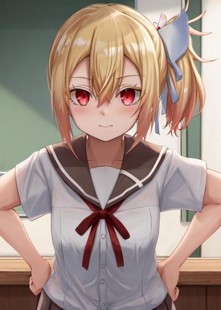 <lora:Fuyou_Yuuna-10:0.8>,Fuyou_Yuuna, 1girl, solo, blonde hair, hair ornament,red eyes,thick eyelashes, hair between eyes,school uniform,hair ribbon,white shirt, short sleeves, serafuku, side ponytail, red ribbon, neck ribbon,white ribbon,