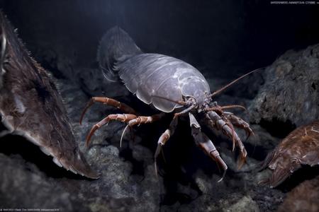 Create a dynamic image of a lobster swimming in the deep sea. The scene should be ultra-realistic, with a high level of detail in the lobster and the surrounding environment. The lobster's movement should add a lively element to the scene. The lighting should be low and scattered, illuminating the scene and casting dramatic shadows. The colors should be a mix of the natural hues of the lobster, the deep blues of the sea, and the faint glow of the distant sea life. The composition should be a close-up shot of the lobster, with the deep sea visible in the background. Use a high-resolution camera with a fast shutter speed to capture the action,kuyagumushi, BestQuality / (extremely detailed CG unity 8k wallpaper), best quality, masterpiece , hdr, best quality, ultra highres