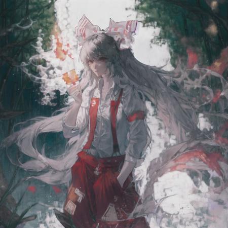 {{{{<lora:mecha:1>}}}}, {1girl},   <lora:fujiwara_no_mokou:1>,(fire:1.000), (fujiwara_no_mokou:1.000), (1girl:1.000), (bamboo:0.999), (flame:0.999), (long_hair:0.999), (suspenders:0.996), (bamboo_forest:0.995), (solo:0.992), (bow:0.991), (pants:0.991), (hair_bow:0.985), (shirt:0.983), (cigarette:0.976), (white_bow:0.973), (forest:0.961), (very_long_hair:0.959), (white_shirt:0.953), (embers:0.951), (cowboy_shot:0.939), (smoking:0.937), (nature:0.920), (red_pants:0.909), (ofuda:0.876), (silver_hair:0.871), (smoke:0.858), (burning:0.843), (red_eyes:0.804), (standing:0.760), (bangs:0.729), (hand_in_pocket:0.642), (holding_cigarette:0.604), (wing_collar:0.592), (pyrokinesis:0.544), (campfire:0.534)